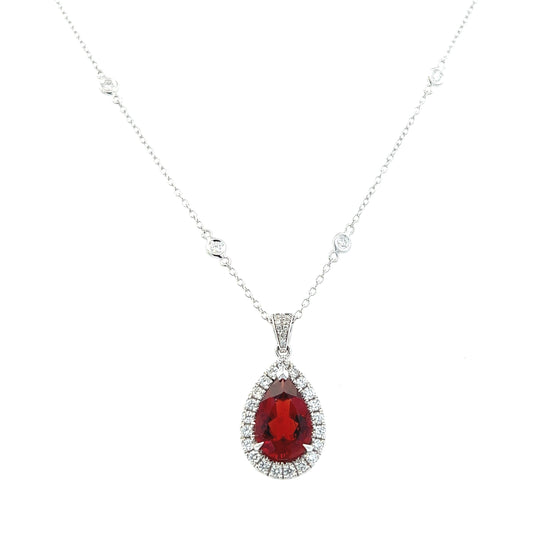 14K White Gold Pear Shape Scapolite And Diamond Halo Necklace (4.10ctw)