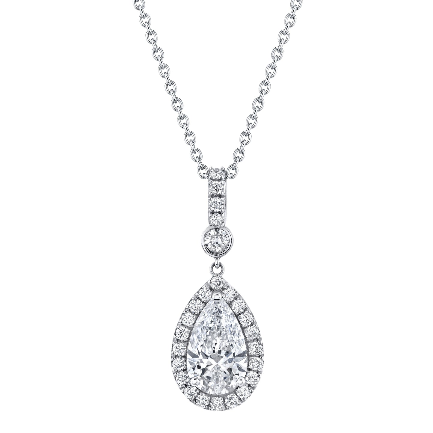 14K White Gold Pear Diamond Halo Drop Necklace (2.74ctw) 