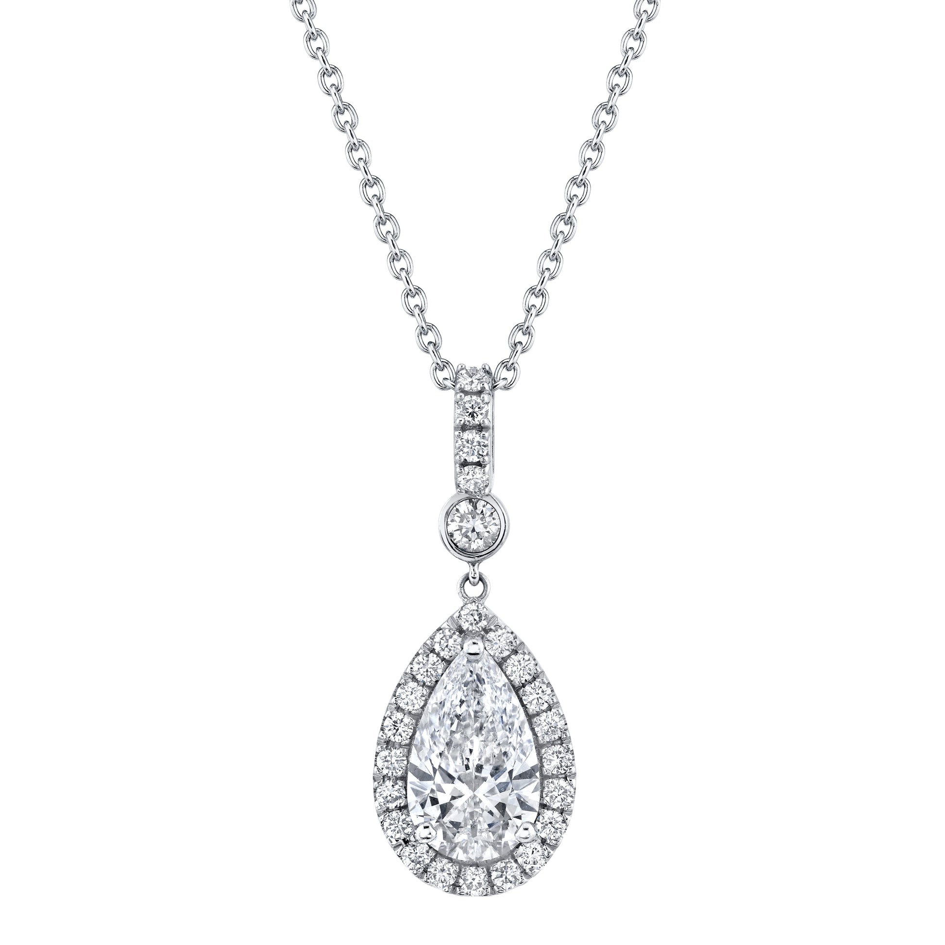 14K White Gold Pear Diamond Halo Drop Necklace (2.74ctw) 
