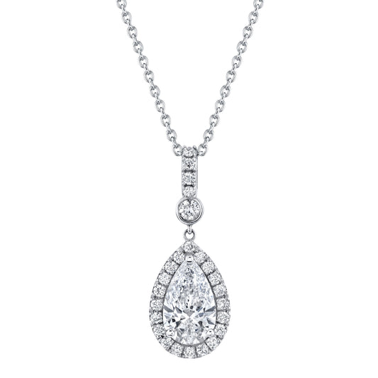 14K White Gold Pear Diamond Halo Drop Necklace (2.74ctw) 