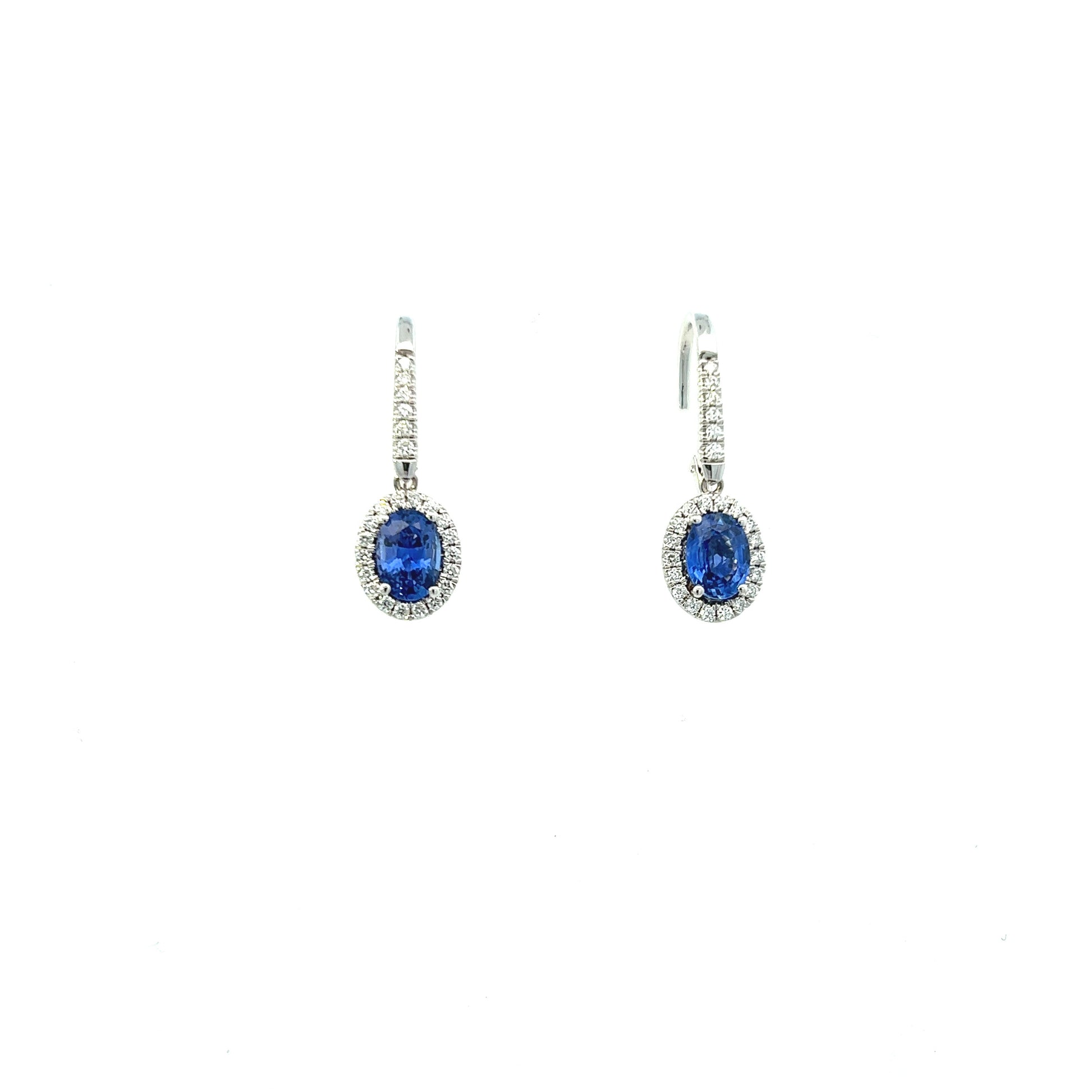 14K White Gold Oval Sapphire And Diamond Halo Drop Earrings (2.50ctw) 