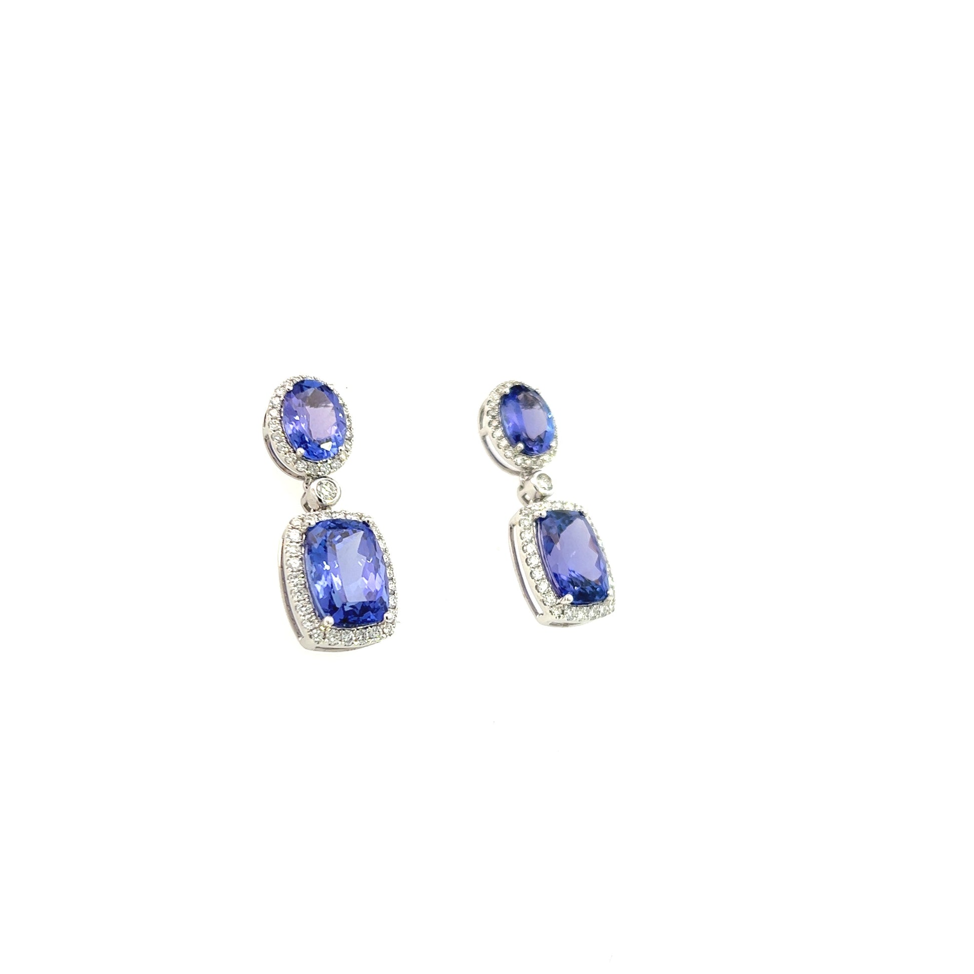 14K White Gold Oval And Cushion Cut Tanzanite Diamond Halo Drop Earrings (11.48ctw)