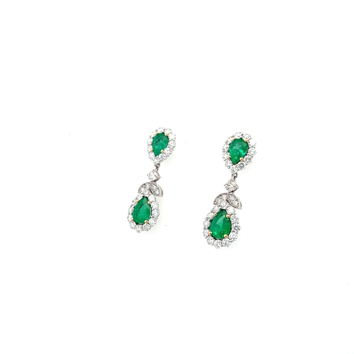18K White And Yellow Gold Pear Shape Emerald And Diamond Halo Drop Earrings (5.94ctw) 