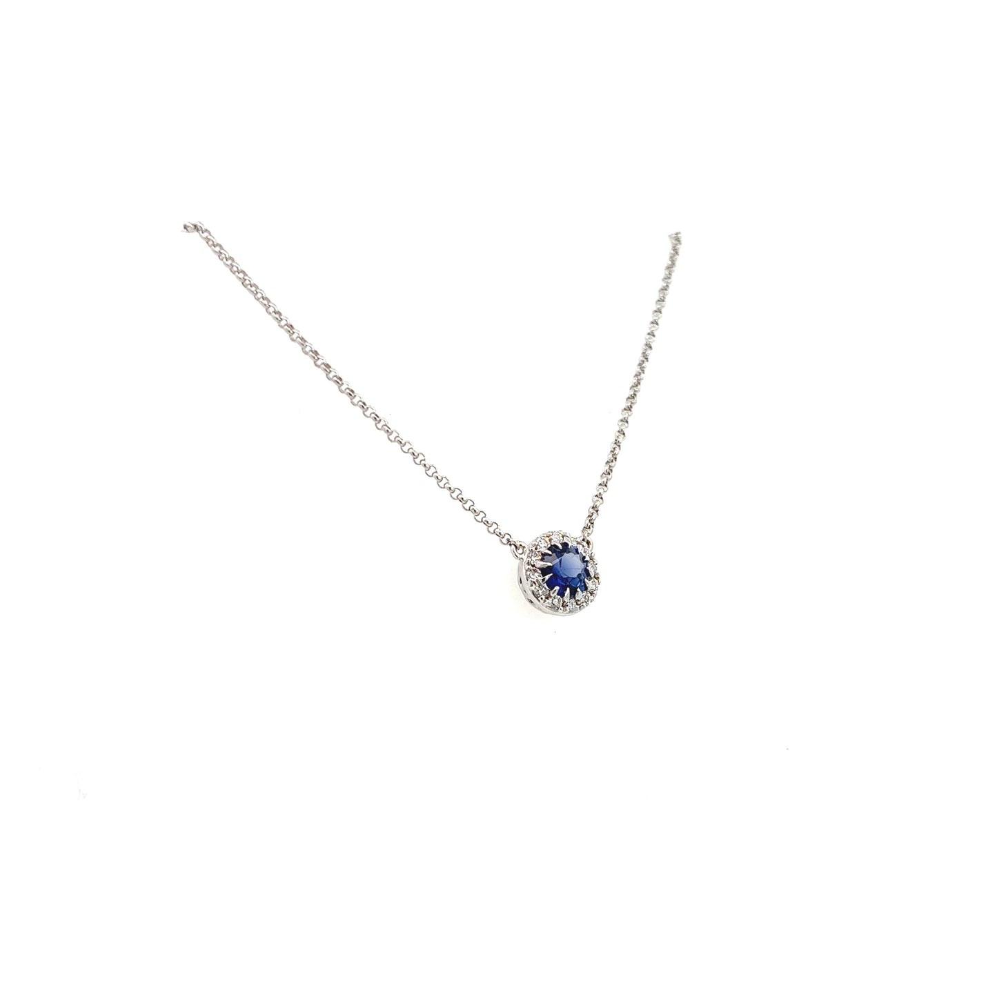 14K White Gold Round Sapphire Halo Necklace (.92ctw)