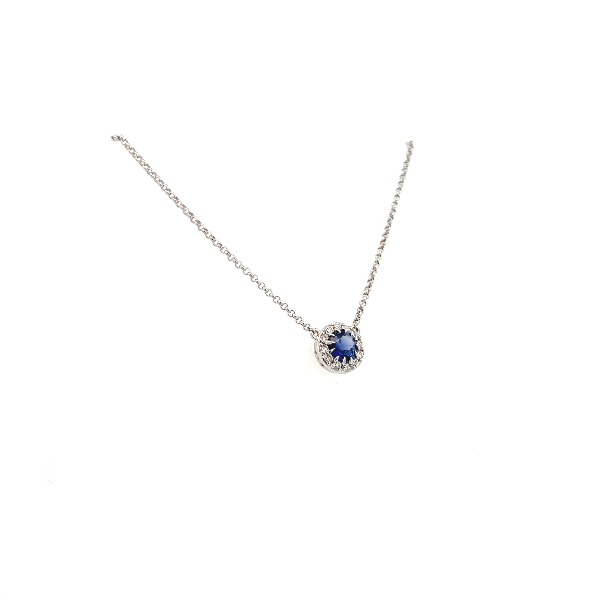 14K White Gold Round Sapphire Halo Necklace (.92ctw)