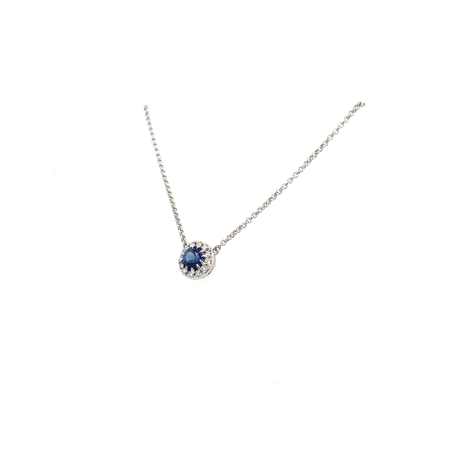 14K White Gold Round Sapphire Halo Necklace (.92ctw)