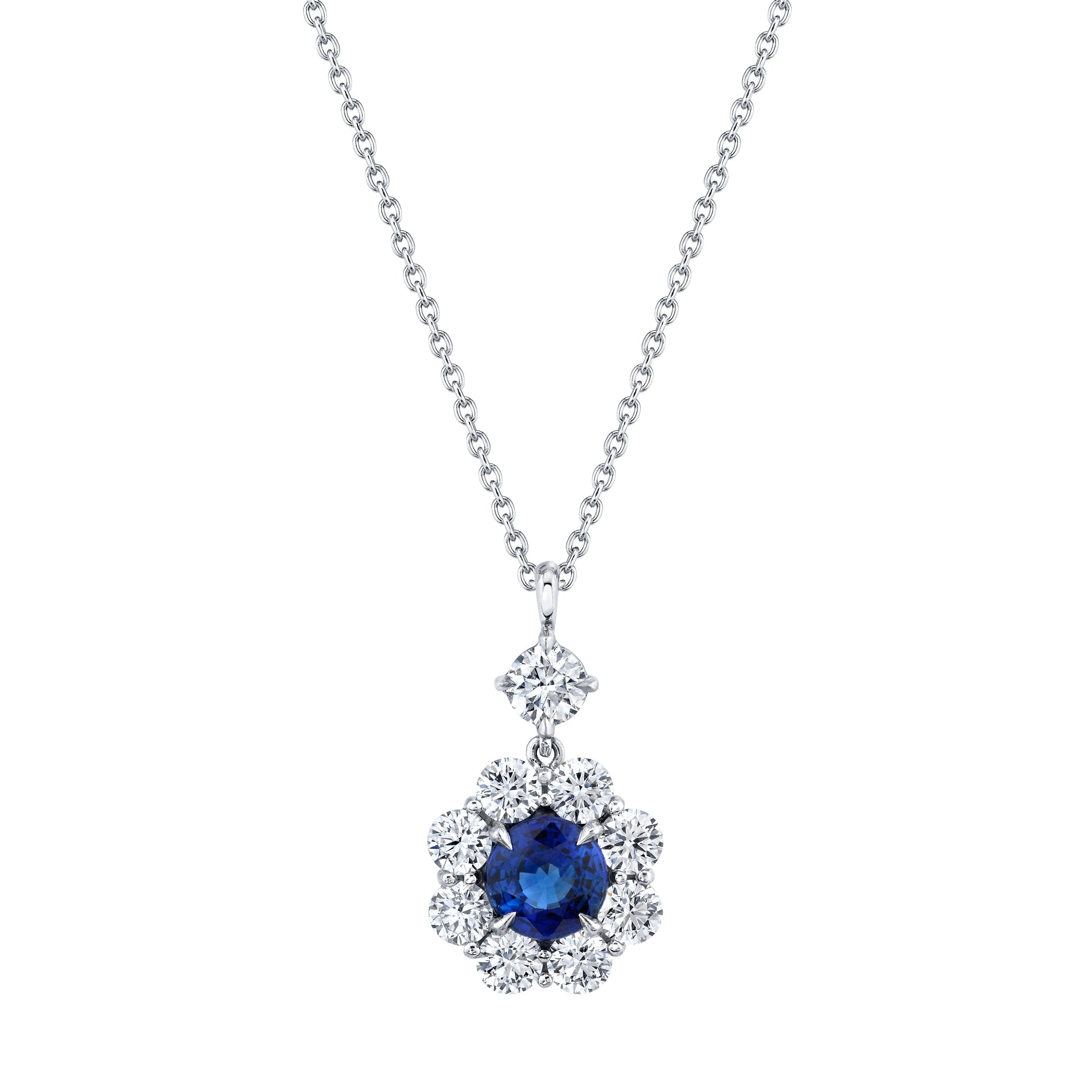 Platinum Sapphire And Diamond Halo Necklace (2.44ct)