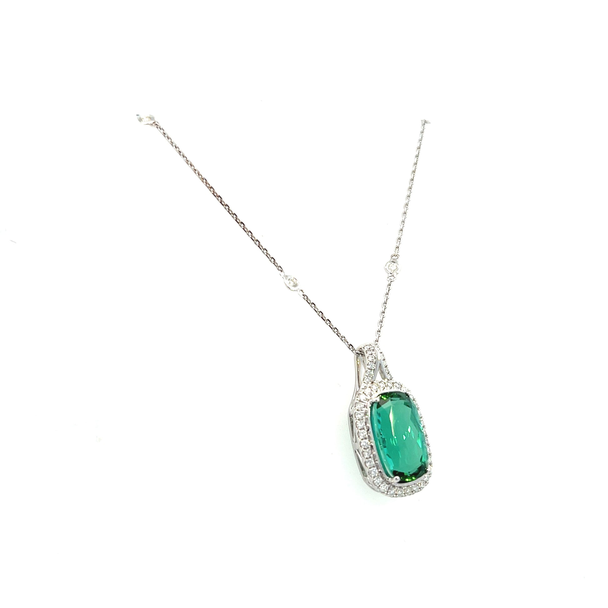 18K White Gold Cushion Cut Green Tourmaline And Diamond Halo Necklace (7.18ctw) 