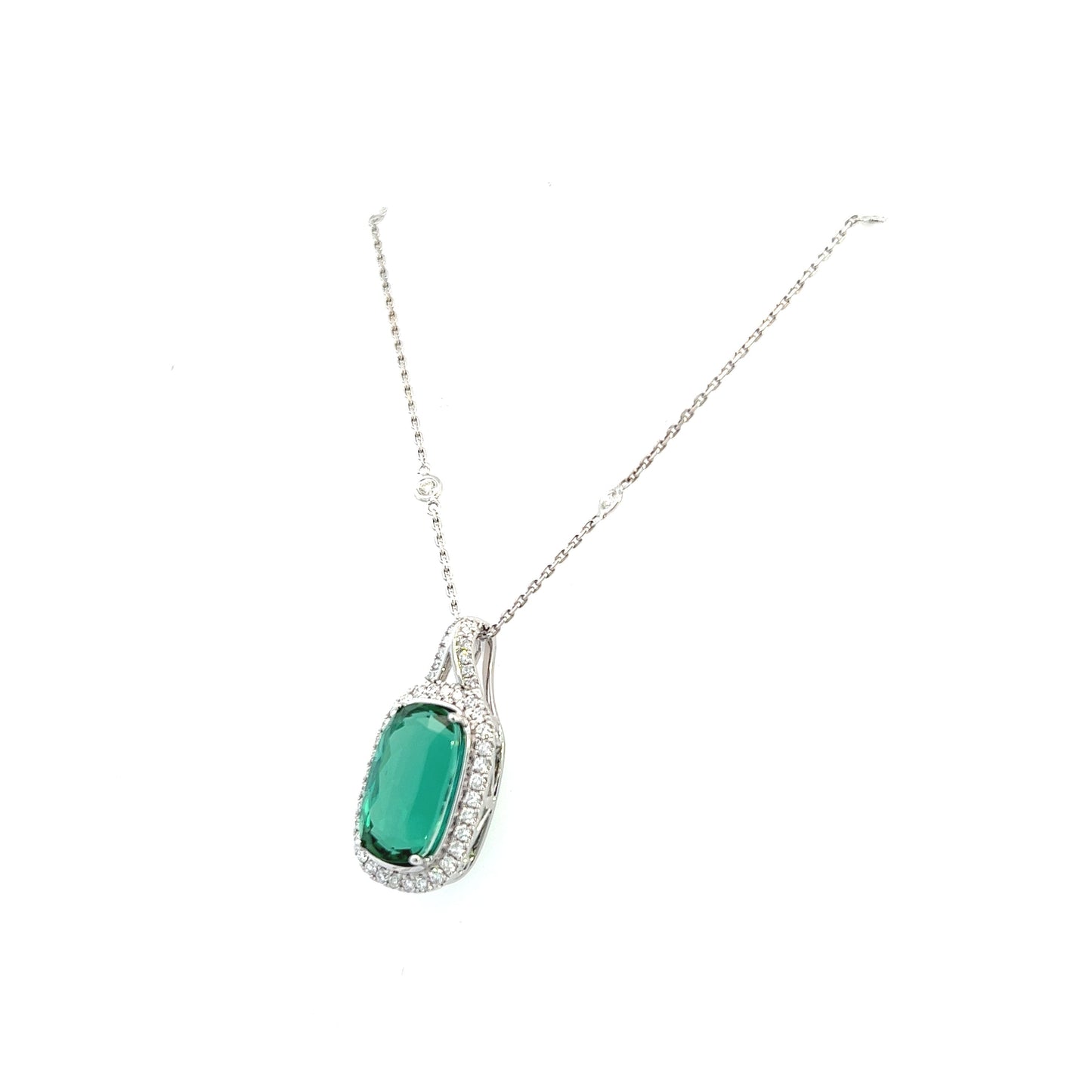 18K White Gold Cushion Cut Green Tourmaline And Diamond Halo Necklace (7.18ctw) 