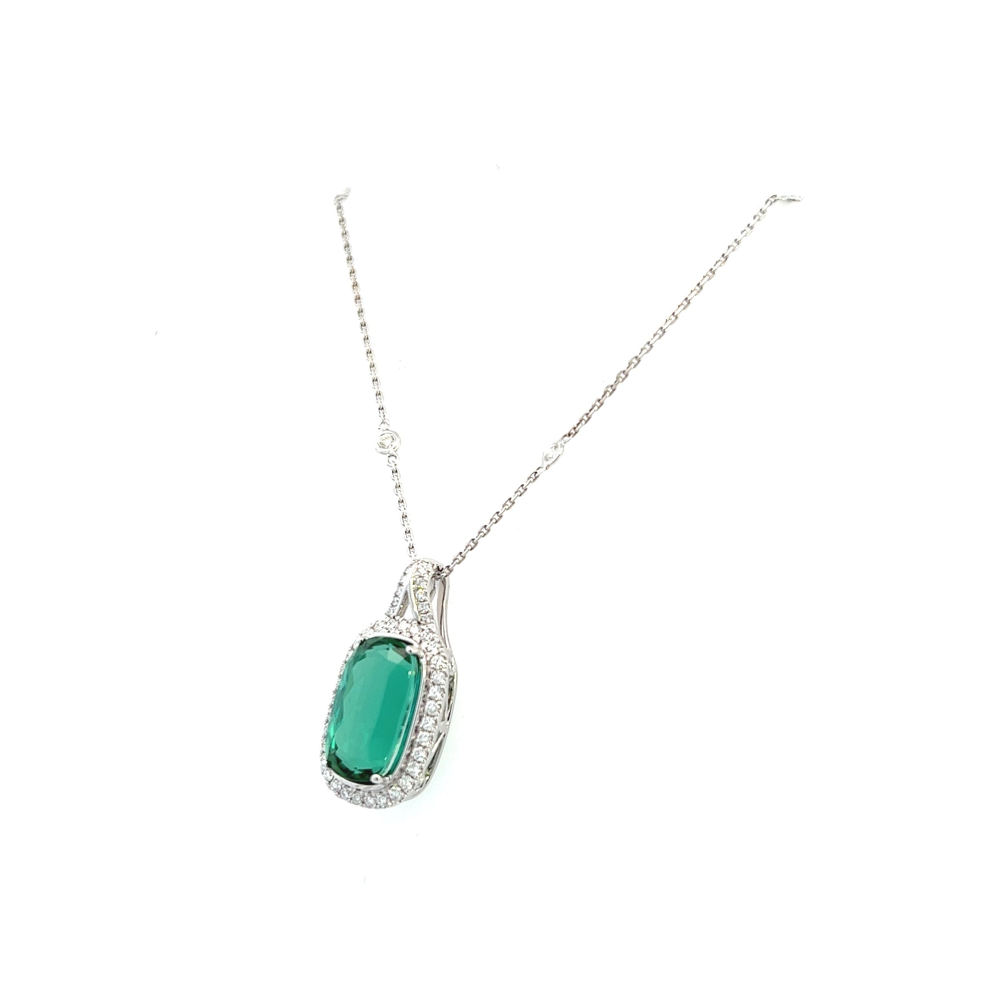 18K White Gold Cushion Cut Green Tourmaline And Diamond Halo Necklace (7.18ctw) 