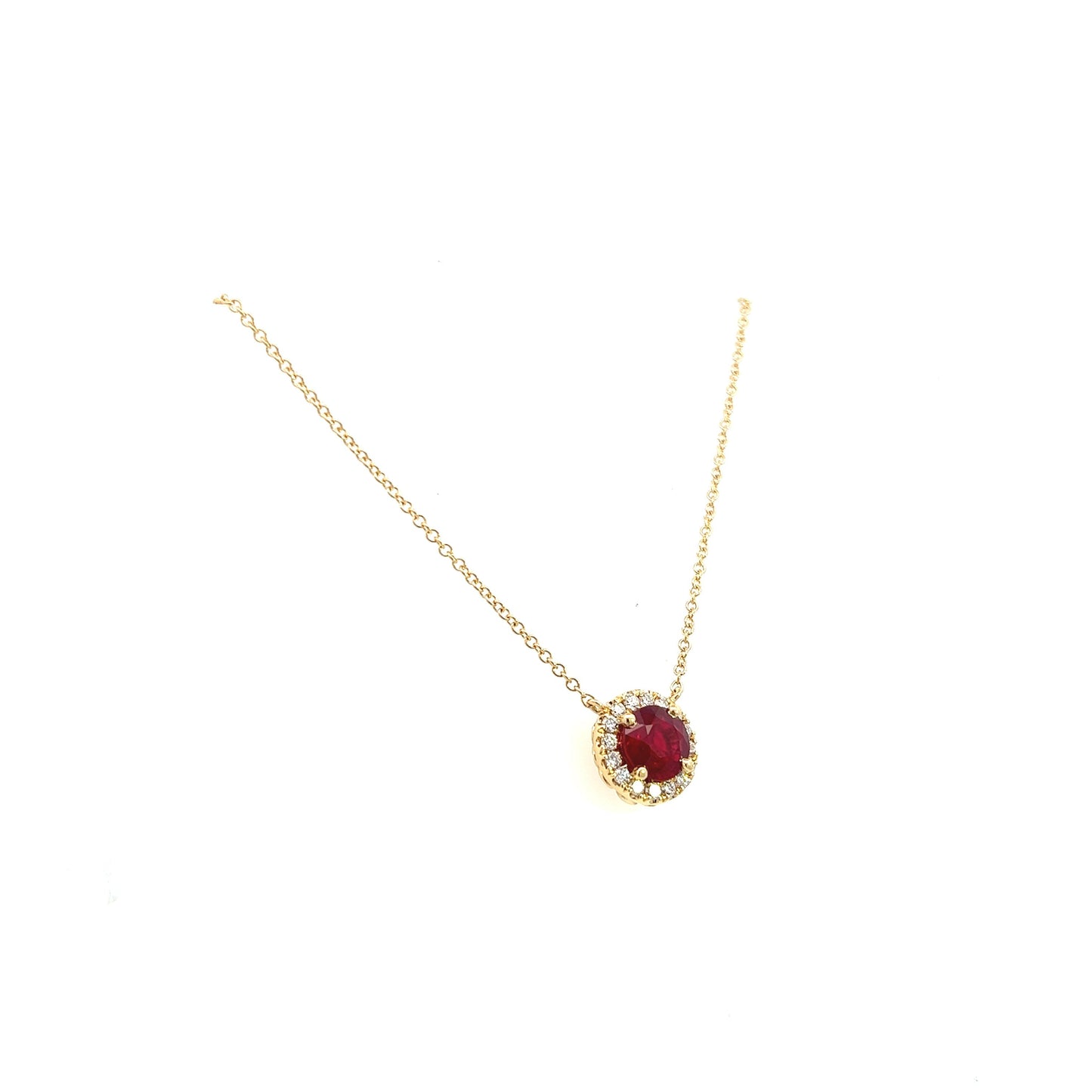 18K Yellow Gold Ruby And Diamond Halo Necklace (1.55ctw) 