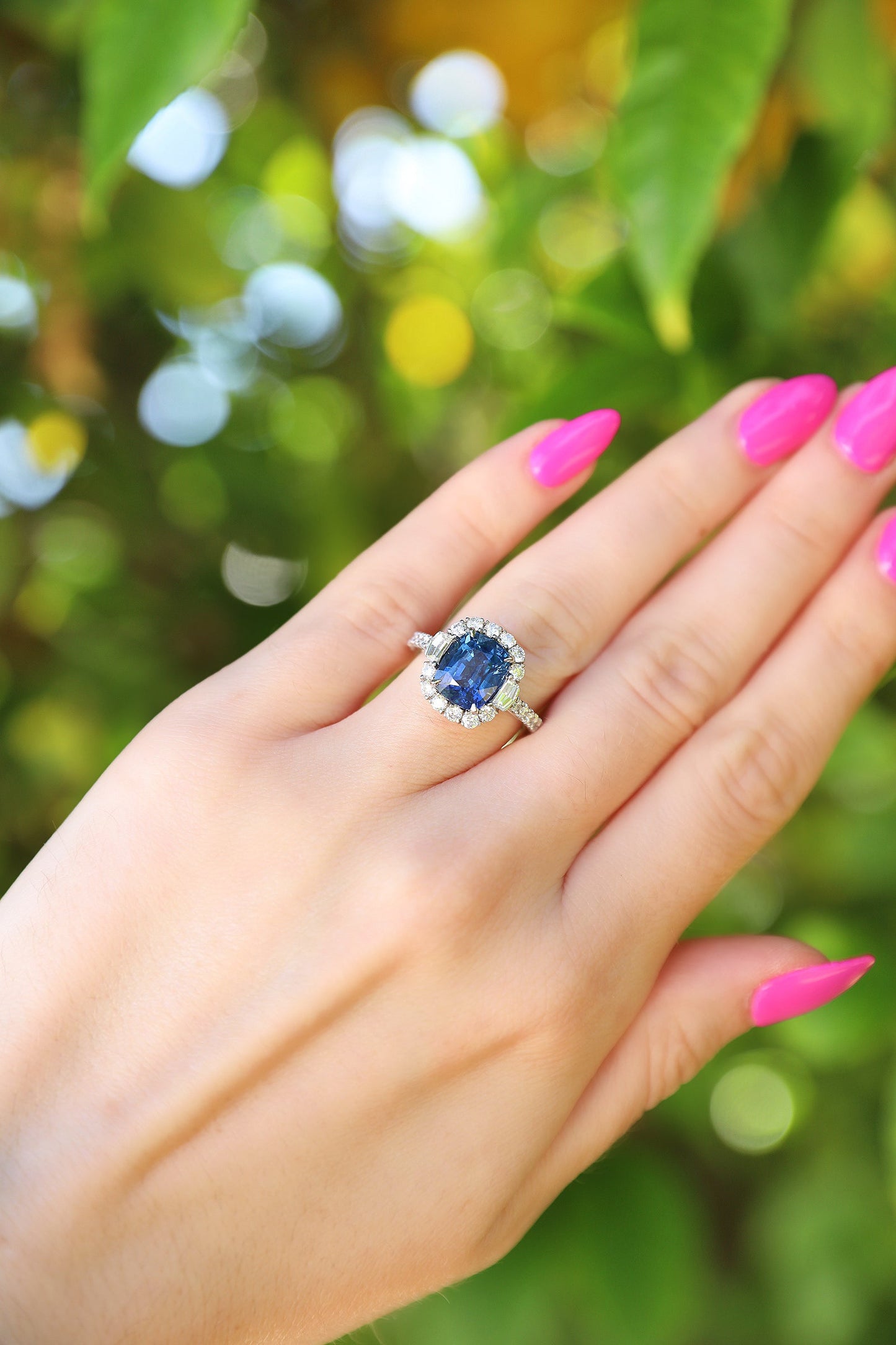 Platinum Cushion Cut Blue Sapphire Halo Ring