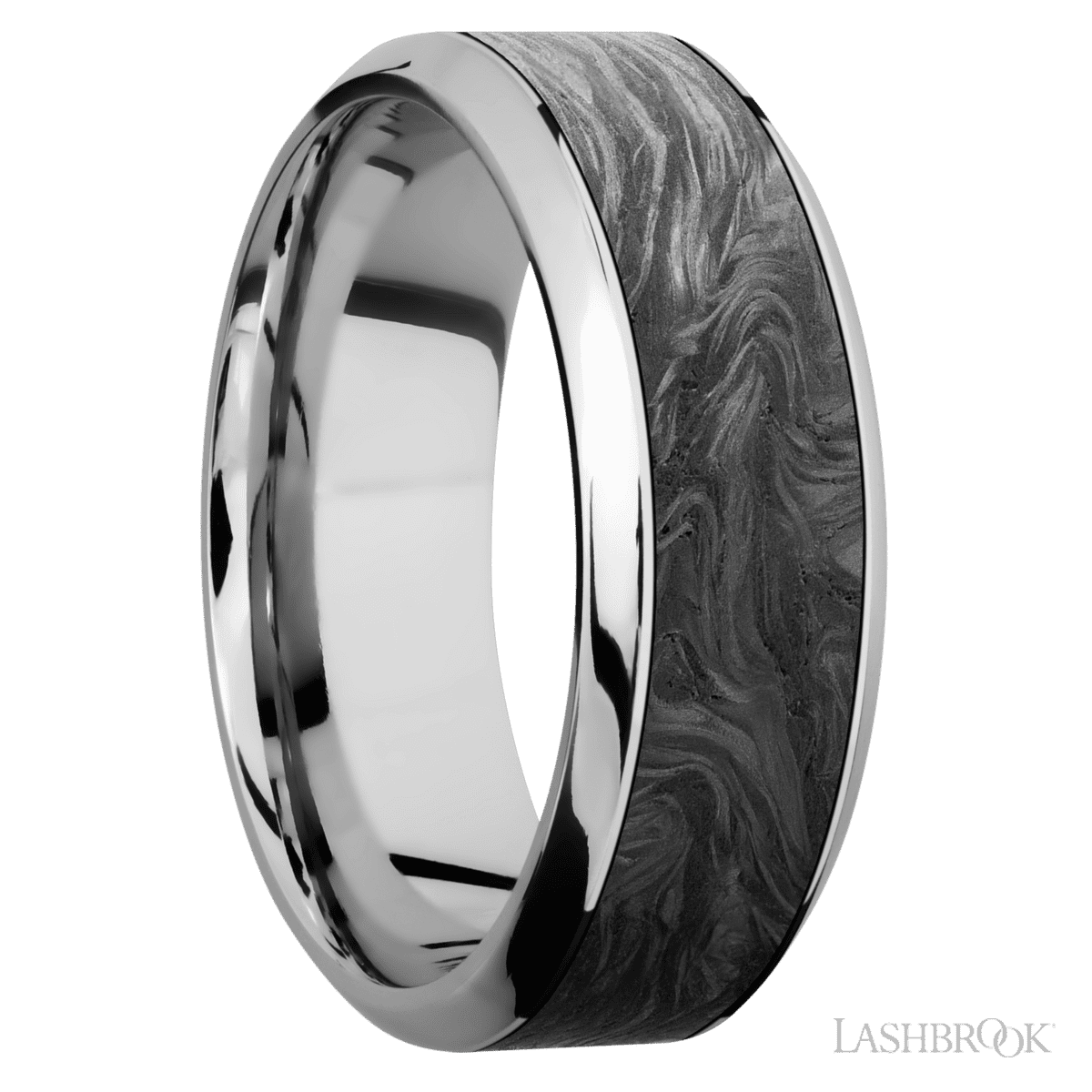 Men's 8MM High Beveled Cobalt Chrome Wedding Ring With Polish Finish and Forged Carbon Fiber Inlay