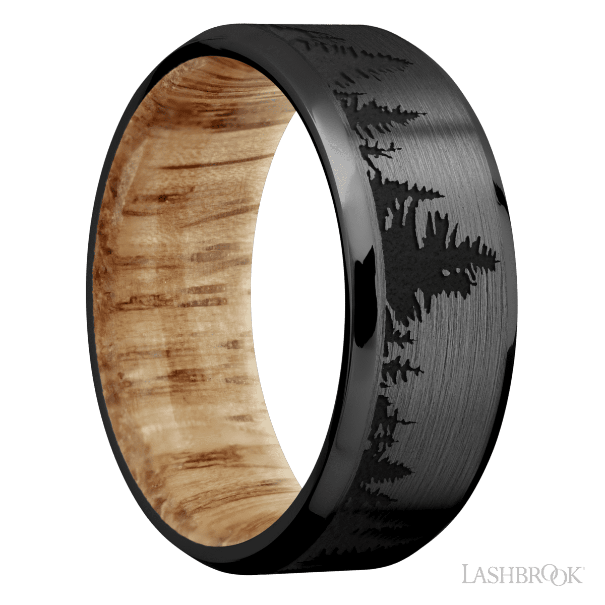 Zirconium Men's 8MM Wedding Ring with Satin Finish and Natural Oak And Laser Engraving