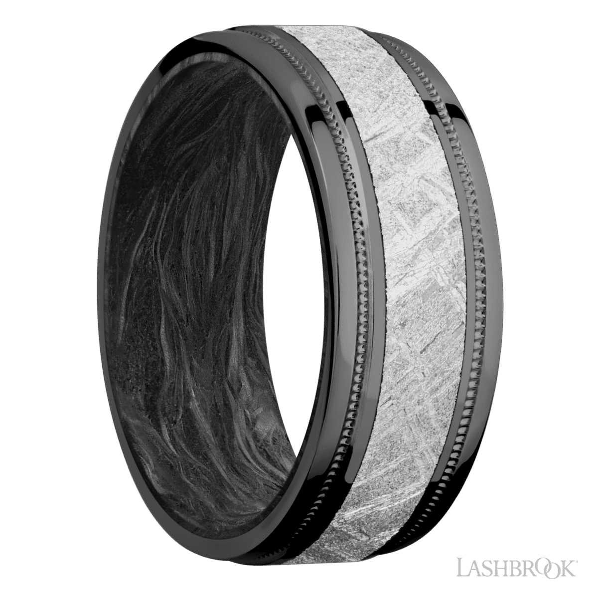 Zirconium Men's 8MM Wedding Ring with Milgrain Finish and Meteorite Inlay And Forged Carbon Fiber Sleeve