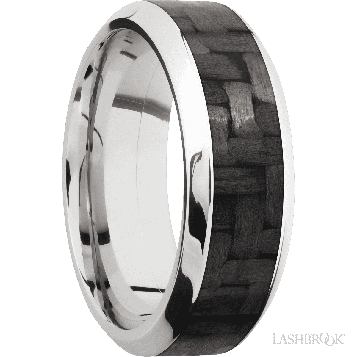 14K White Gold Men's 8MM Wedding Ring with Polish Finish and Carbon Fiber Inlay