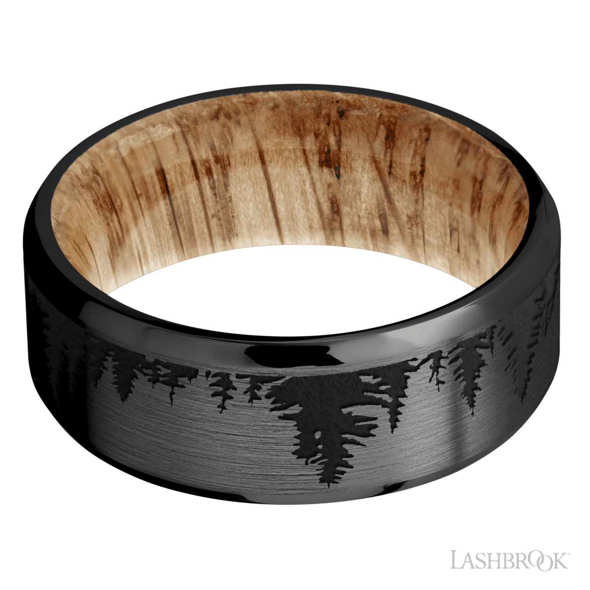 Zirconium Men's 8MM Wedding Ring with Satin Finish and Natural Oak And Laser Engraving