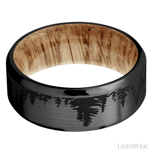 Zirconium Men's 8MM Wedding Ring with Satin Finish and Natural Oak And Laser Engraving