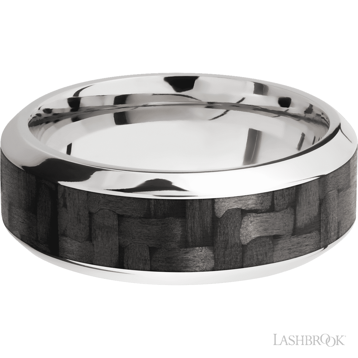 14K White Gold Men's 8MM Wedding Ring with Polish Finish and Carbon Fiber Inlay