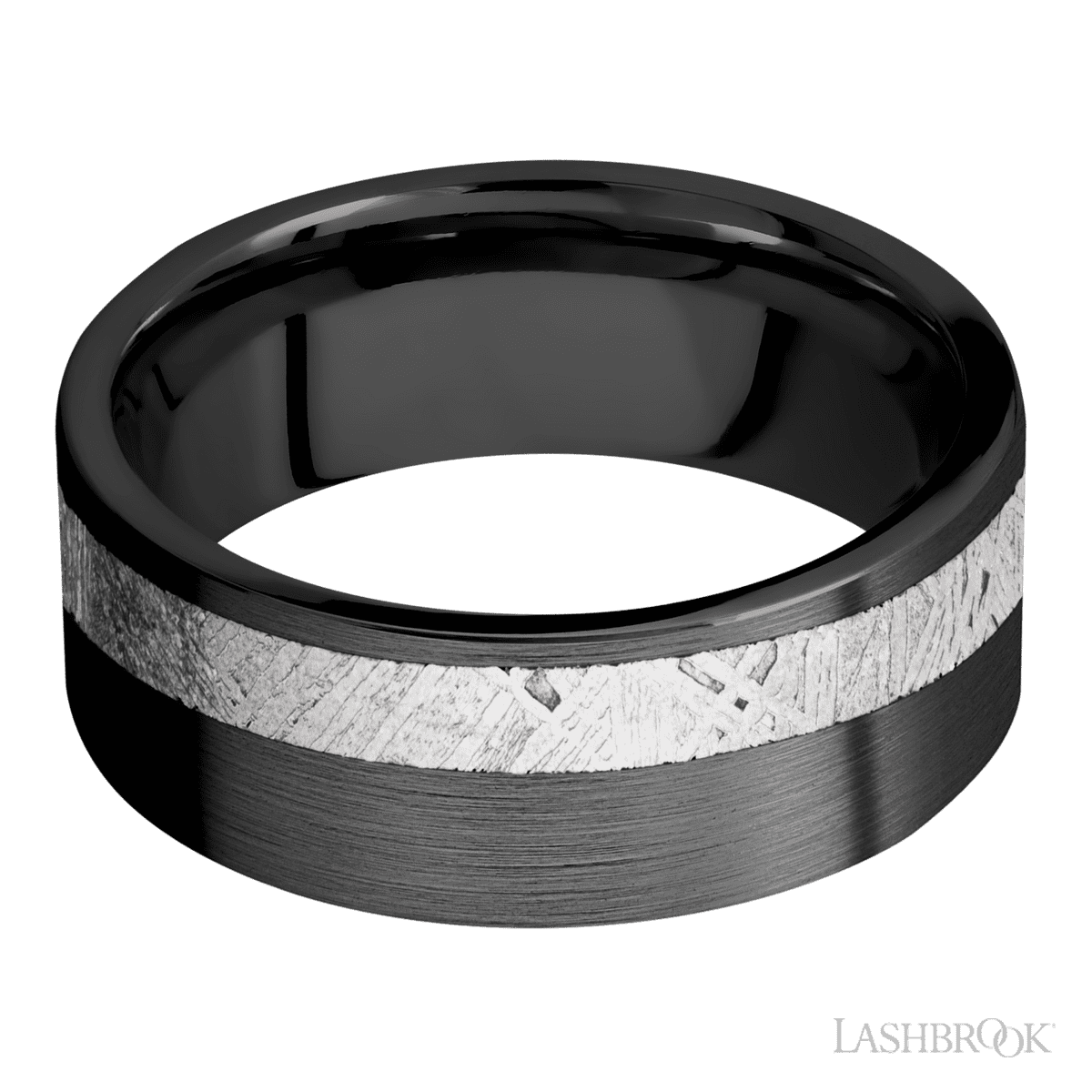 Zirconium Men's 8MM Wedding Ring With Satin Finish And Off Center Meteorite Inlay