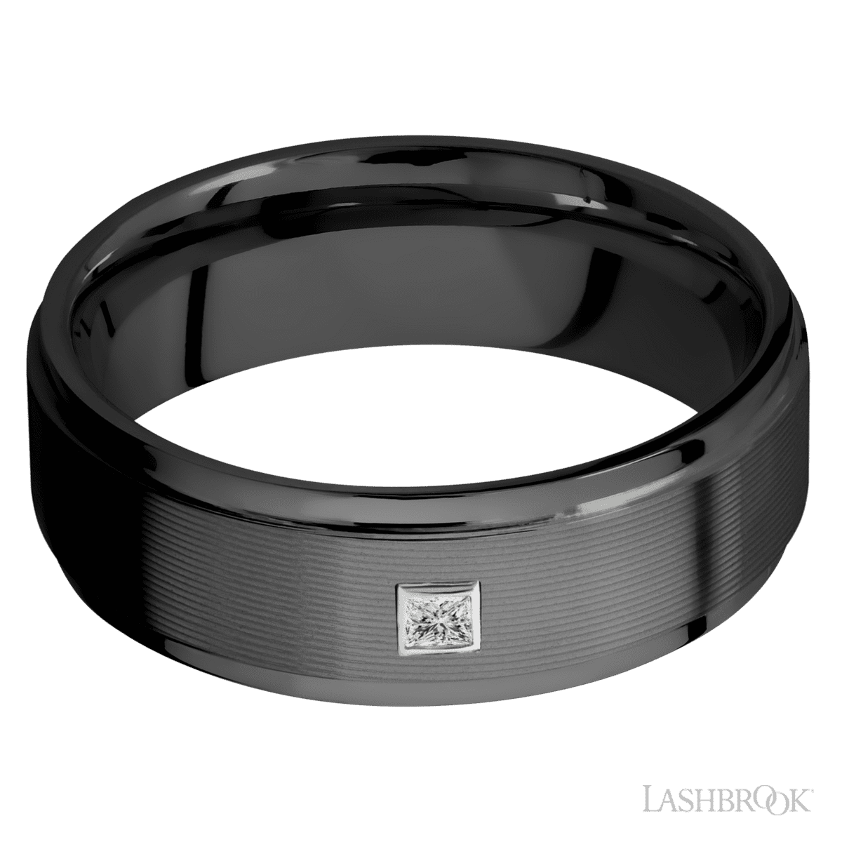 Men's 8MM Zirconium Wedding Ring with Machine Finish And Bezel Set Princess Diamond Accent (.06ctw)