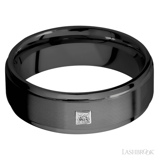 Men's 8MM Zirconium Wedding Ring with Machine Finish And Bezel Set Princess Diamond Accent (.06ctw)