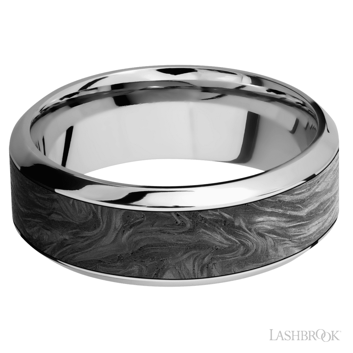 Men's 8MM High Beveled Cobalt Chrome Wedding Ring With Polish Finish and Forged Carbon Fiber Inlay