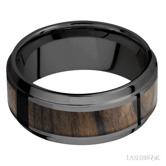 Zirconium Men's 8MM Wedding Ring with Polish Finish and Ziricote Inlay