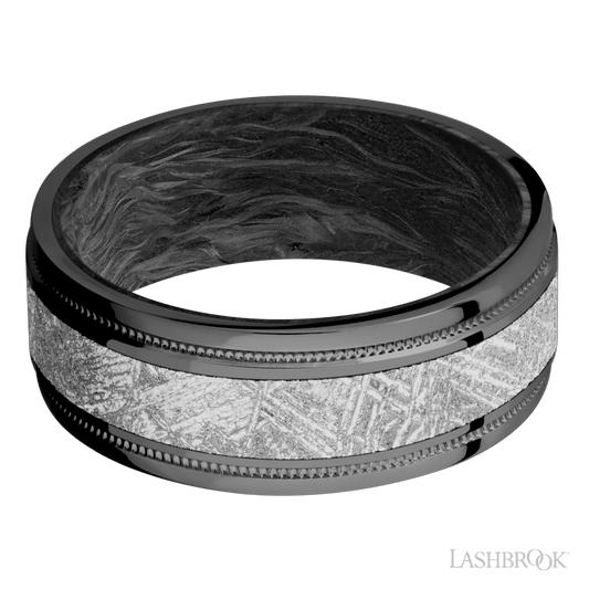 Zirconium Men's 8MM Wedding Ring with Milgrain Finish and Meteorite Inlay And Forged Carbon Fiber Sleeve