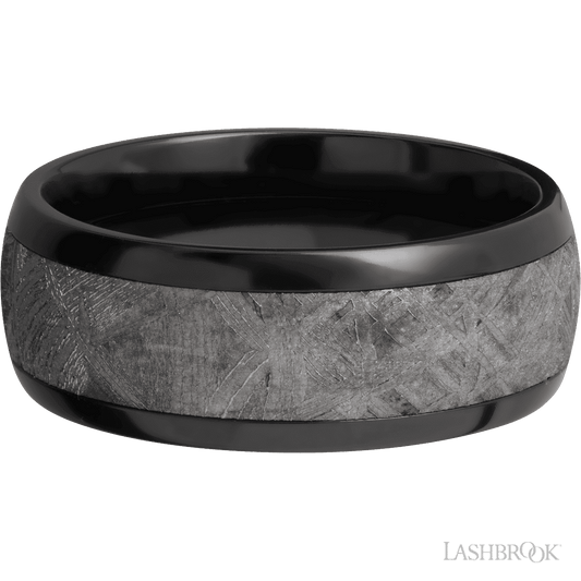 Zirconium Men's 8MM Wedding Ring with Polish Finish and Meteorite Inlay
