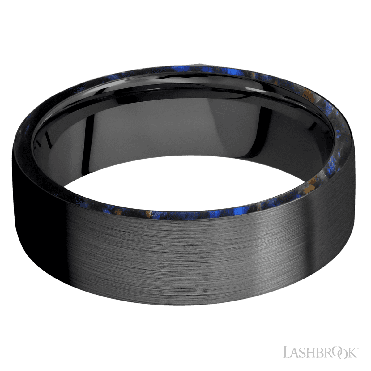 Men's 7mm Zirconium Wedding Ring with Satin Finish and Blue Tiger Eye Inlay 