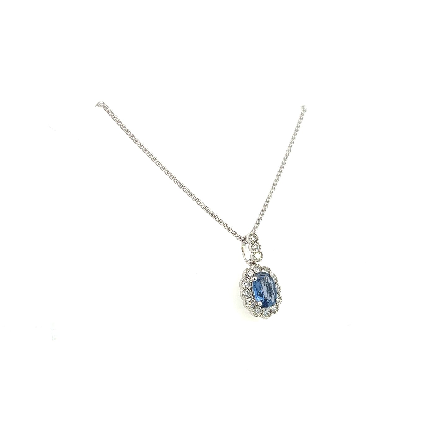 18K White Gold Oval Sapphire And Diamond Necklace 