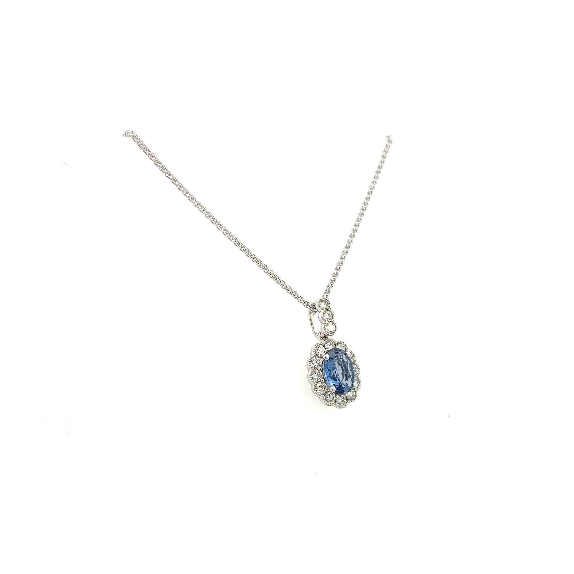 18K White Gold Oval Sapphire And Diamond Necklace 