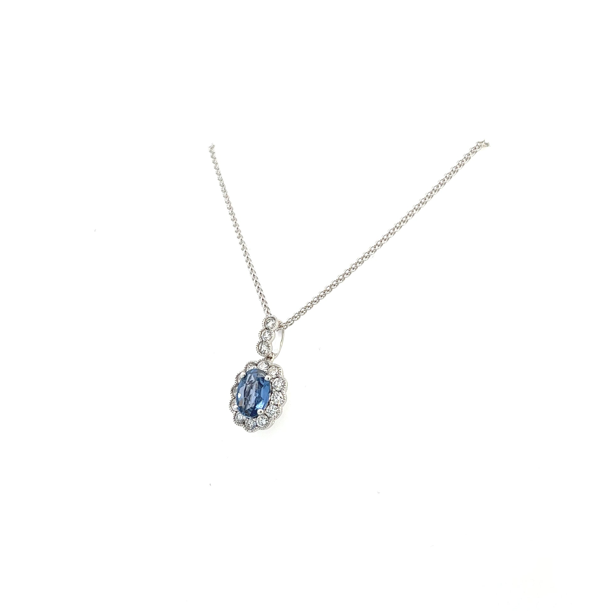 18K White Gold Oval Sapphire And Diamond Necklace 