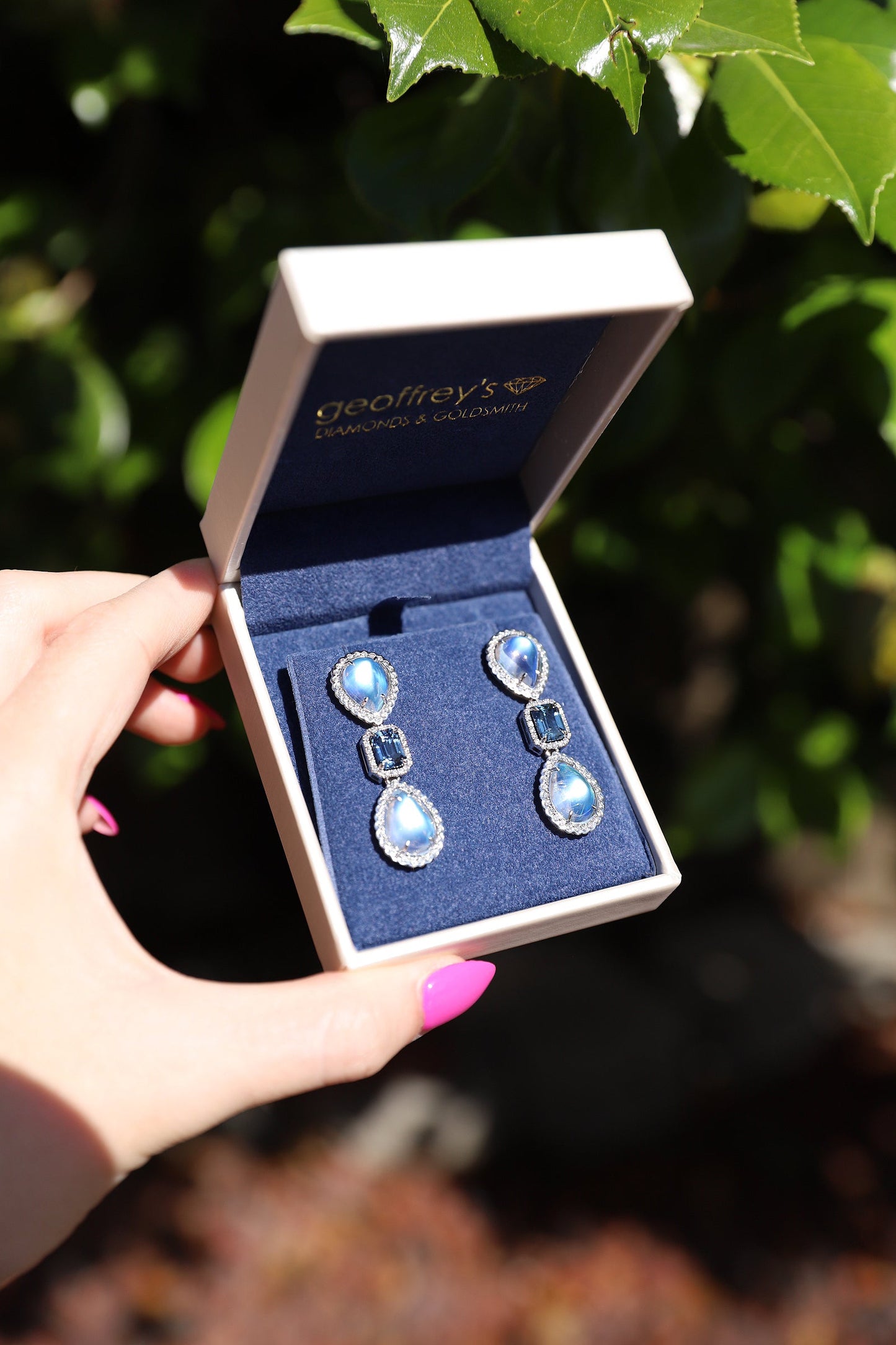 18K White Gold Moon Stone and Sapphire Drop Earrings