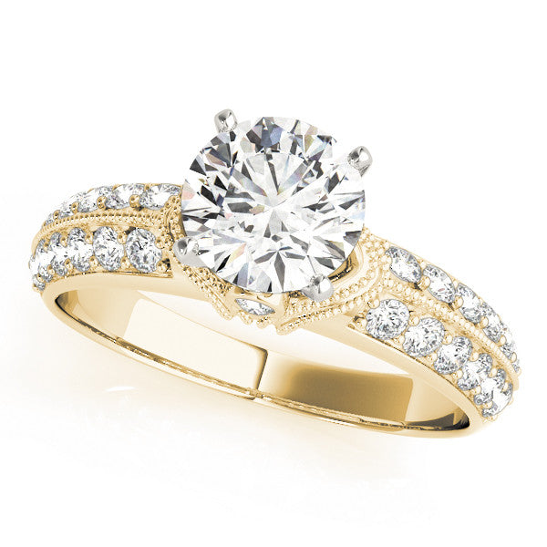14K Yellow Gold Round Brilliant Diamond Antique Engagement Ring With Pave Accents (1.50ctw)