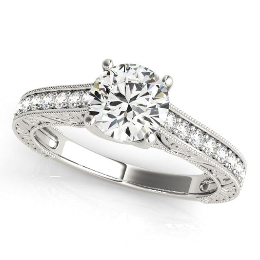 14K White Gold Round Brilliant Diamond Engagement With Beaded Channel Set Diamond Accents (1.25ctw) 
