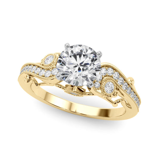 14K Yellow Gold Round Brilliant Diamond Antique Engagement Ring With Beaded Channel Set Accents (1.20ctw)