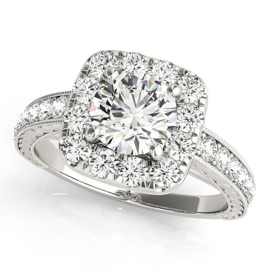 14K White Gold Round Brilliant Diamond Antique Inspired Halo Engagement Ring With Beaded Channel Accents (1.50ctw)