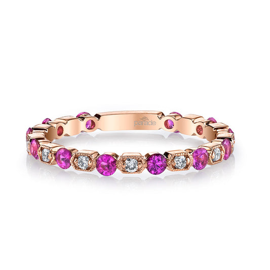 14K Rose Gold Pink Sapphire and Diamond Ring with Millgrain (.66ctw)