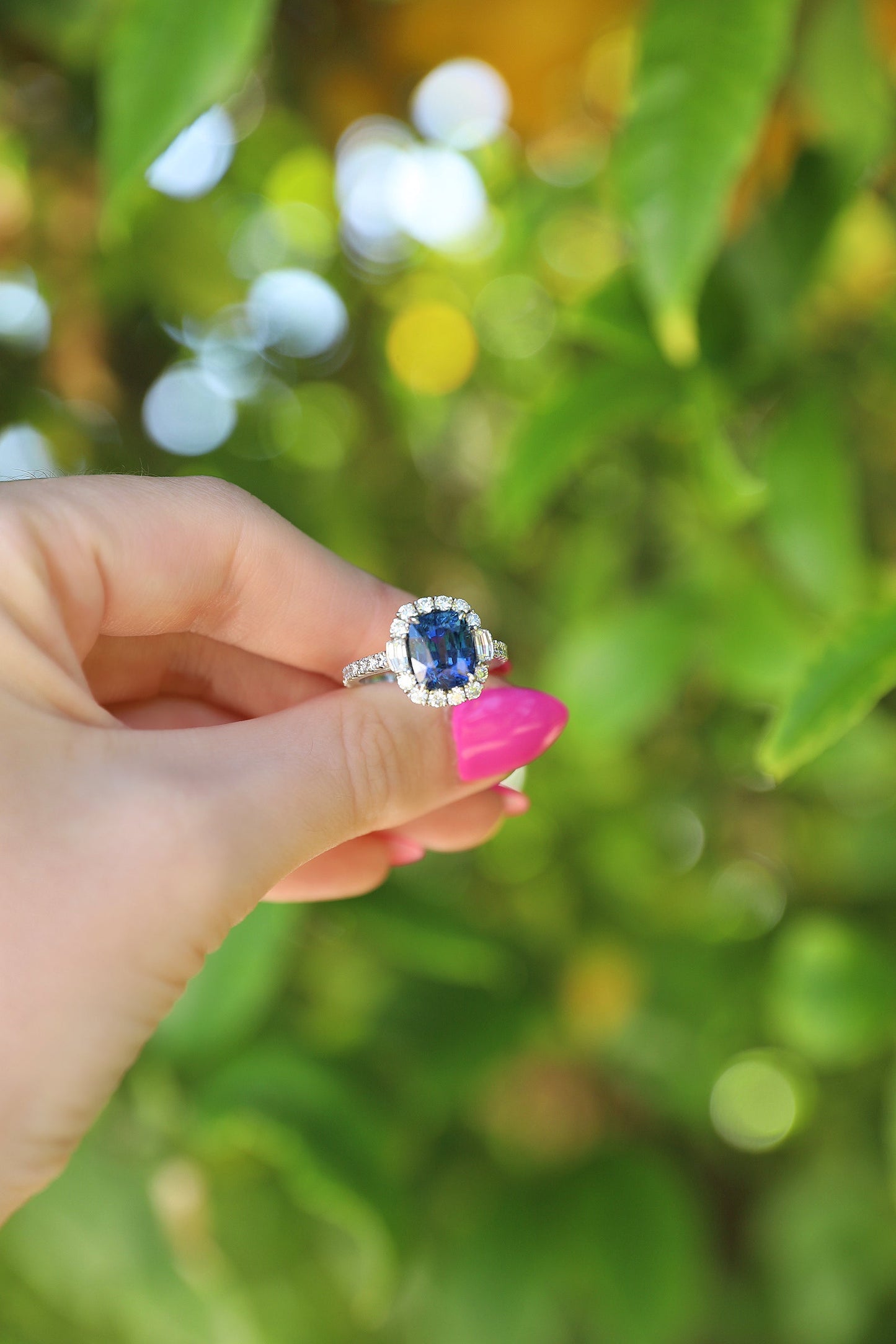 Platinum Cushion Cut Blue Sapphire Halo Ring
