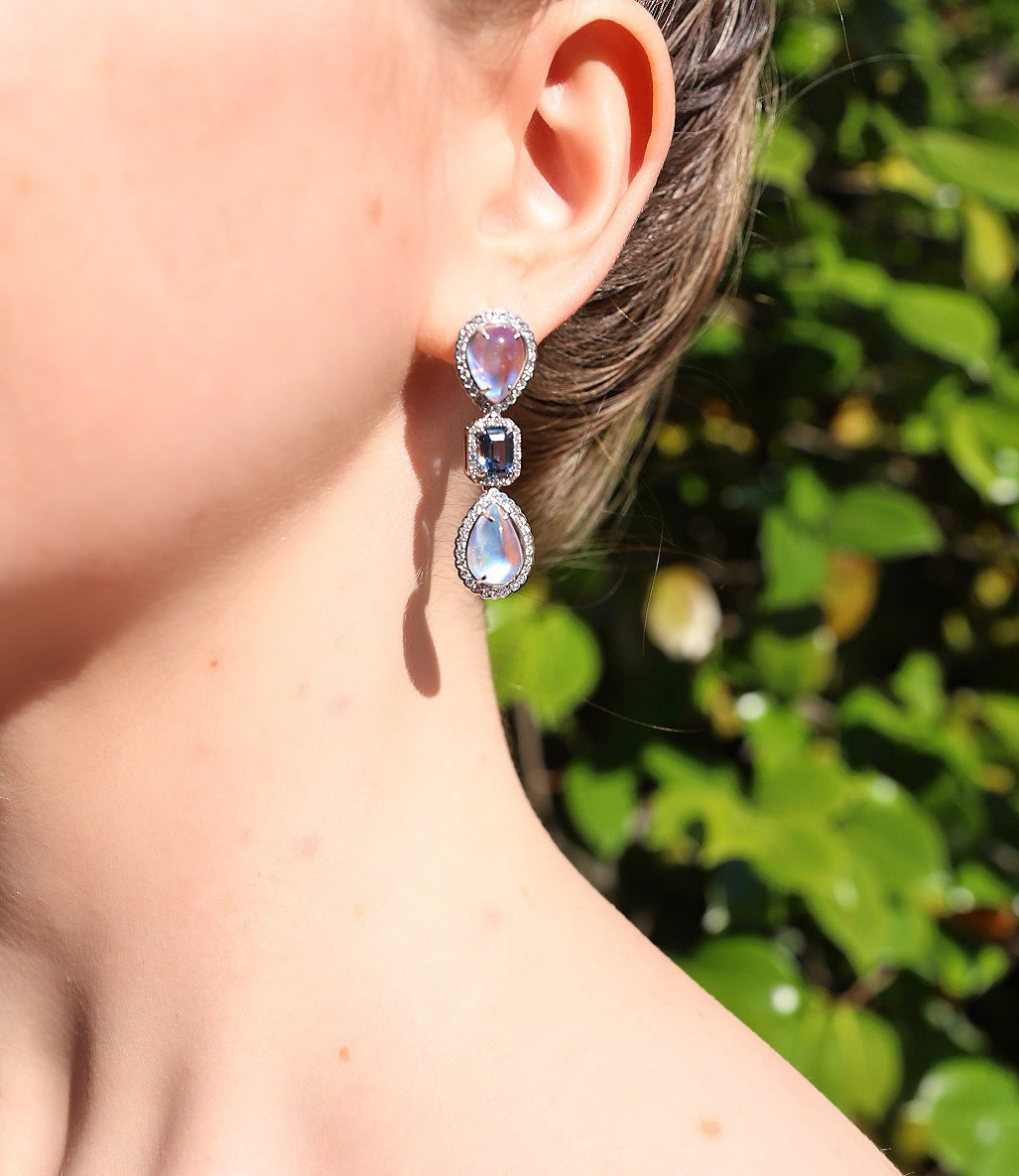 18K White Gold Moon Stone and Sapphire Drop Earrings