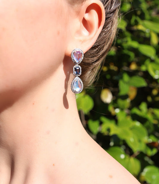 18K White Gold Moon Stone and Sapphire Drop Earrings