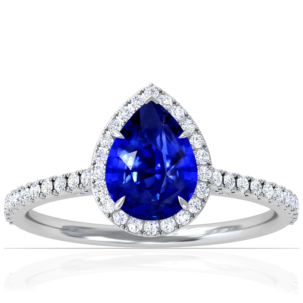 Platinum Pear Shape Sapphire And Diamond Halo Ring (1.60ctw)