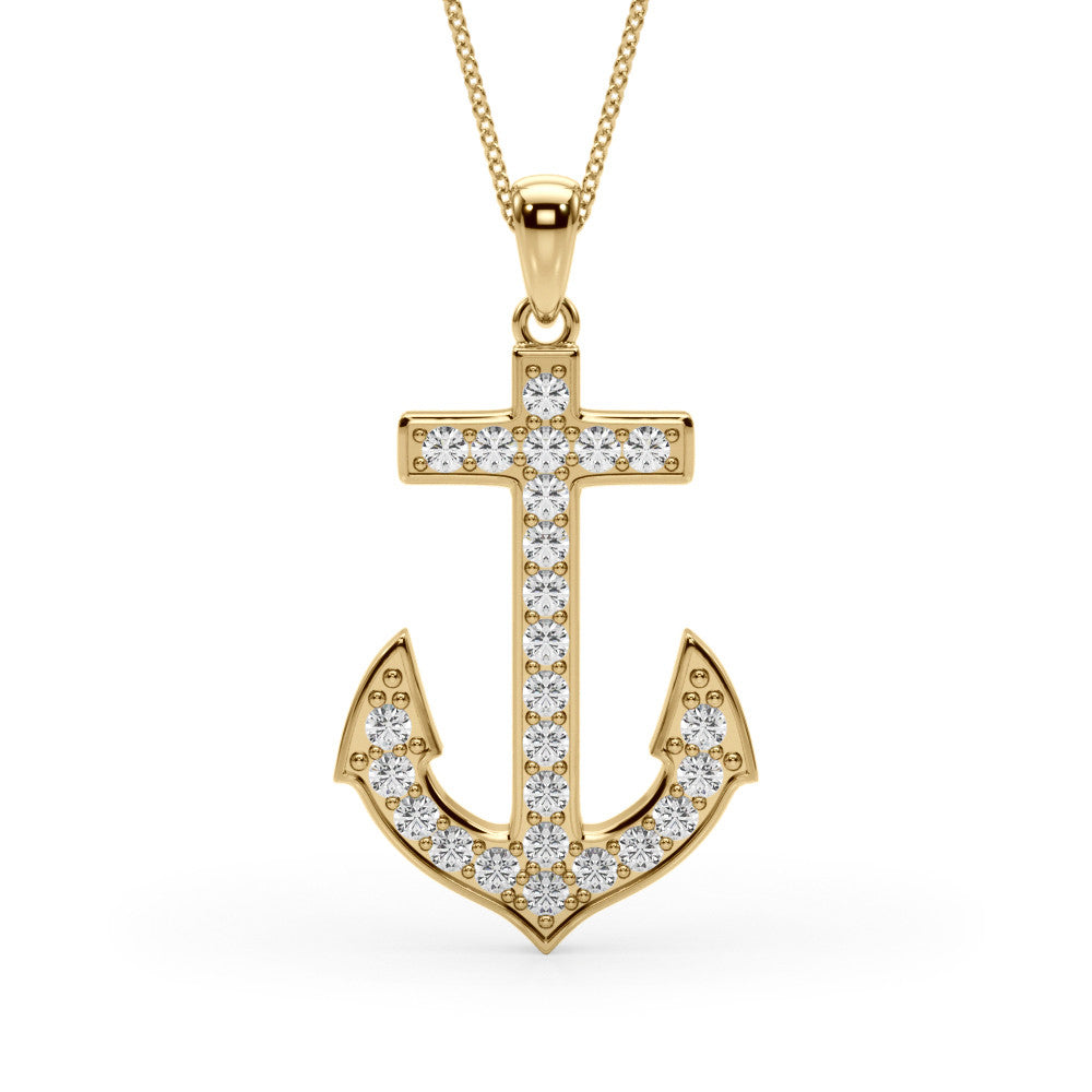 14K Yellow Gold Round Brilliant Lab-Grown Diamond Pave Anchor Pendant (.38ctw)