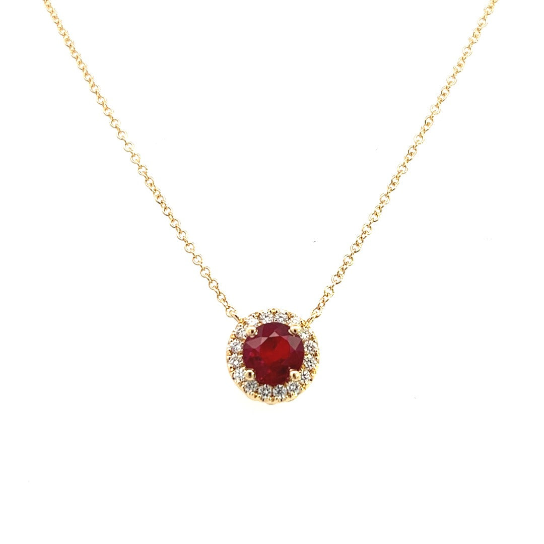 18K Yellow Gold Ruby And Diamond Halo Necklace (1.55ctw) 