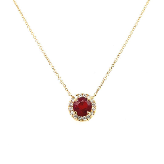 18K Yellow Gold Ruby And Diamond Halo Necklace (1.55ctw) 