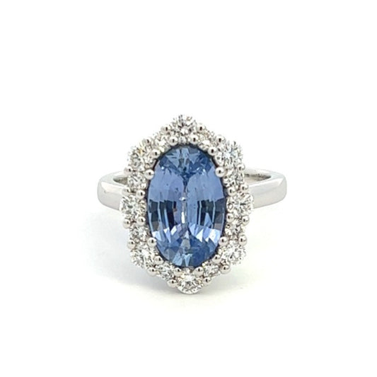 Platinum Oval Sapphire And Diamond Halo Ring (4.48ctw)