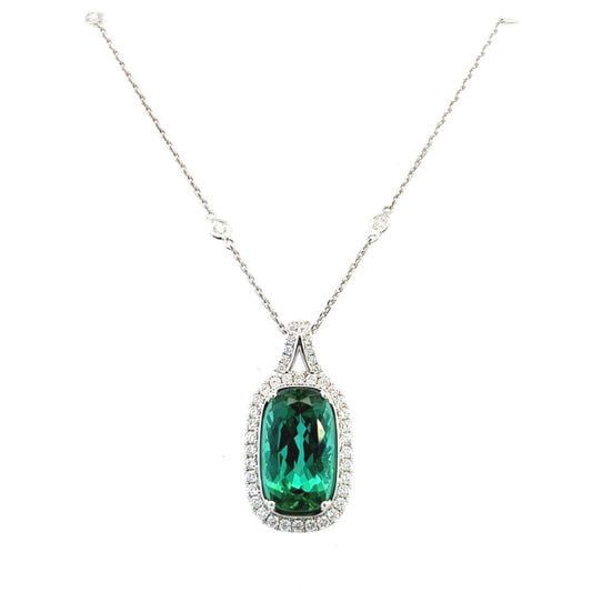 18K White Gold Cushion Cut Green Tourmaline And Diamond Halo Necklace (7.18ctw) 
