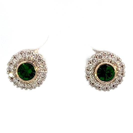 14K White And Yellow Gold Tsavorite Garnet Diamond Halo Stud Earrings (.86ctw)